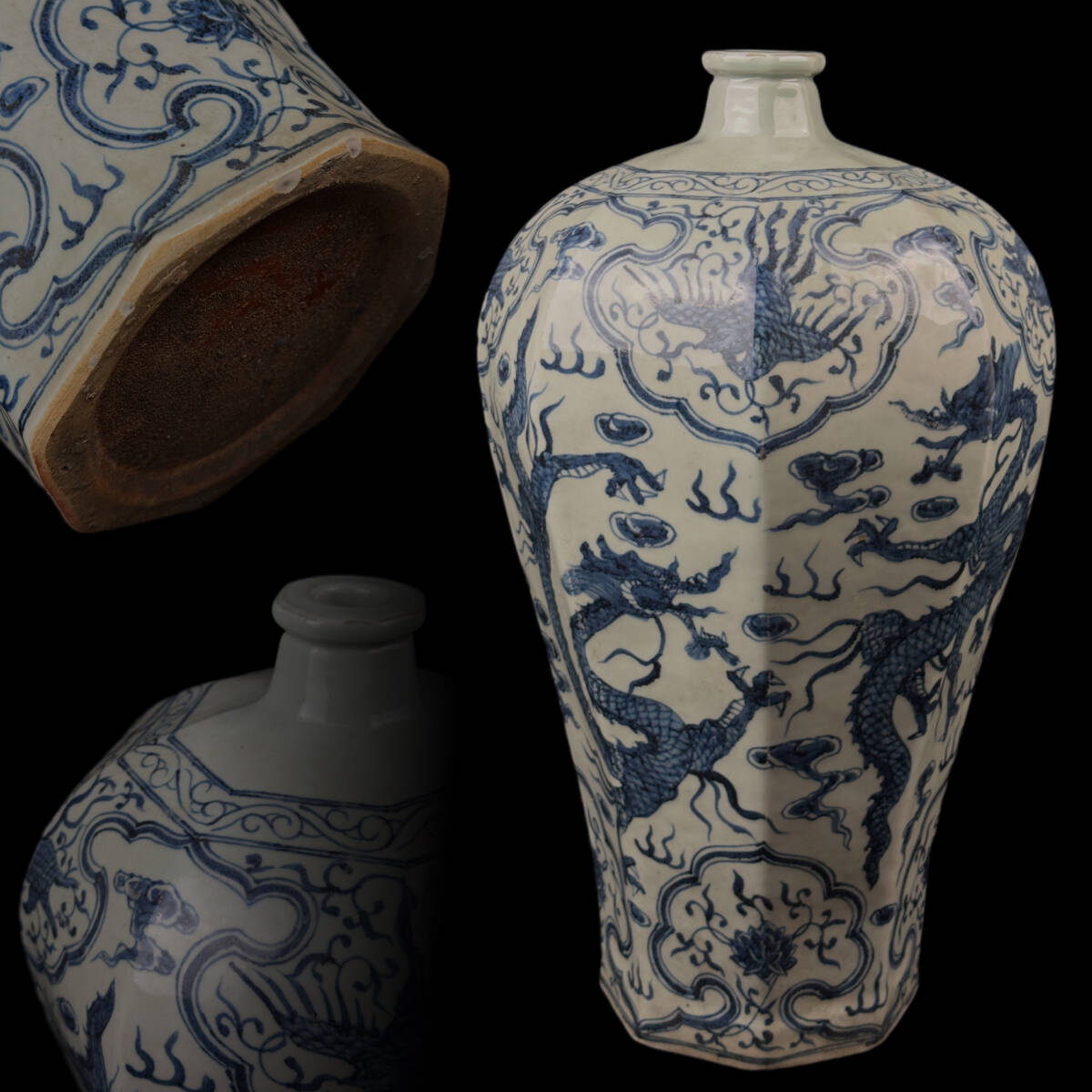 中国美術 染付梅瓶 花草紋 鳳凰雲龍図 面取八角瓶 高さ43.6cm［検索