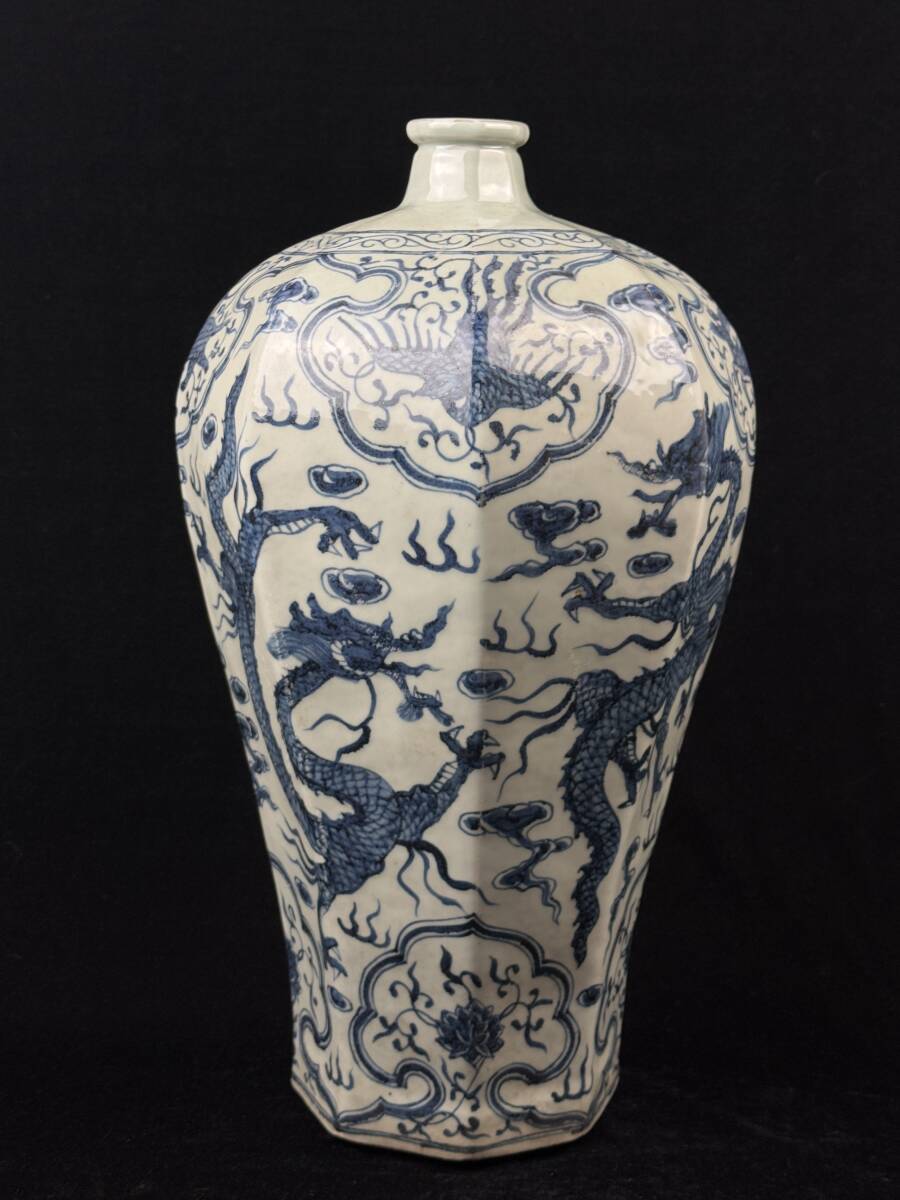 中国美術 染付梅瓶 花草紋 鳳凰雲龍図 面取八角瓶 高さ43.6cm［検索