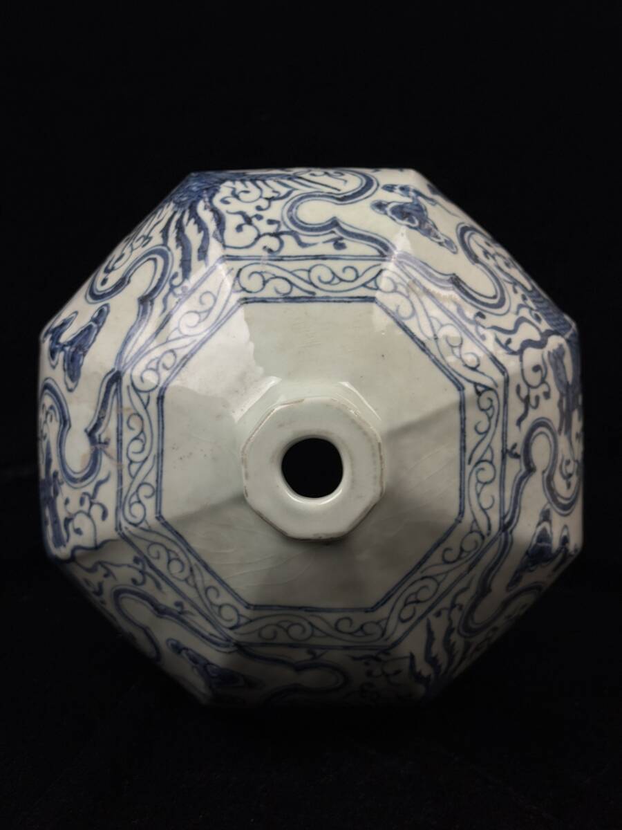 中国美術 染付梅瓶 花草紋 鳳凰雲龍図 面取八角瓶 高さ43.6cm［検索