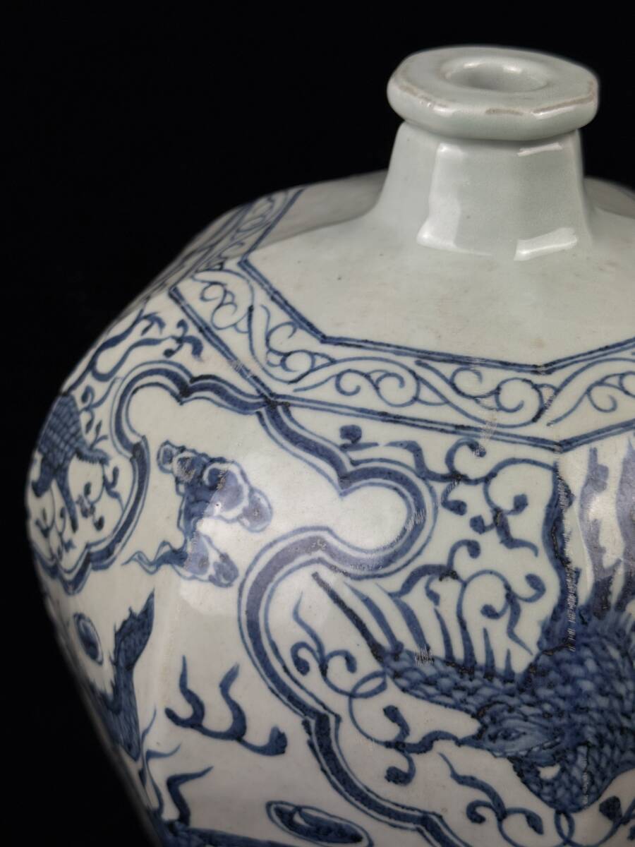 中国美術 染付梅瓶 花草紋 鳳凰雲龍図 面取八角瓶 高さ43.6cm［検索