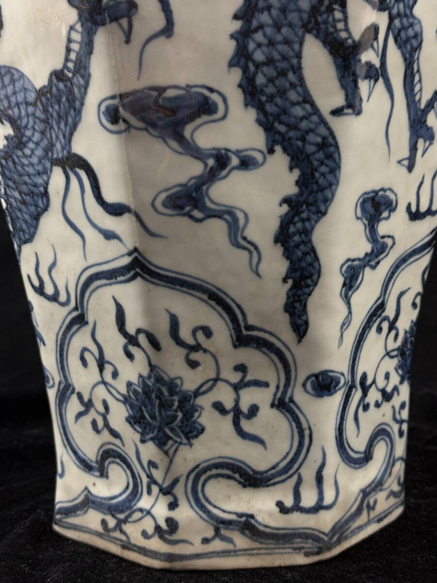 中国美術 染付梅瓶 花草紋 鳳凰雲龍図 面取八角瓶 高さ43.6cm［検索