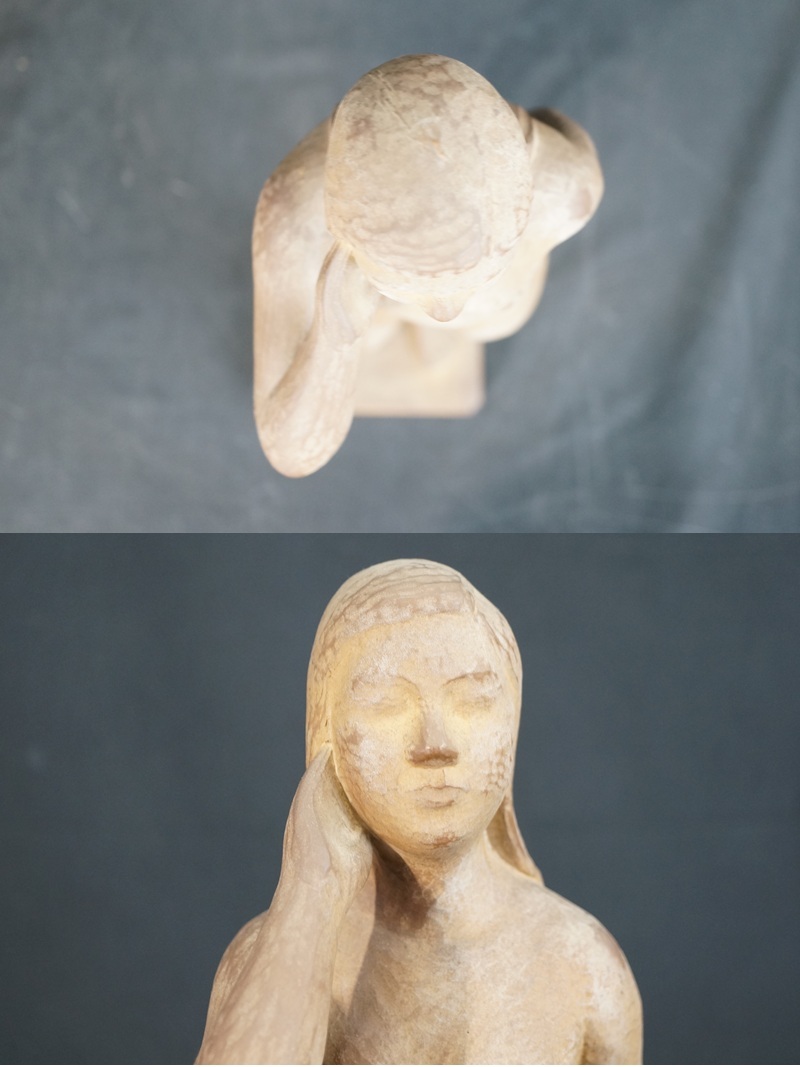 東ハ:【木彫作品】彫刻家 今城國忠(国忠)作 木彫り 人物像「 微風 」共
