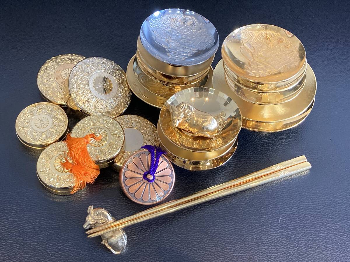 24KGP メッキ 金杯 朱肉入れ 箸・箸置き 23点 セット 総重量約2