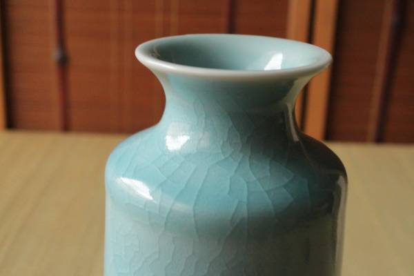 篠田弘明 貫入青磁花瓶 共箱/祖父人間国宝近藤悠三/花器/作家☆(青磁