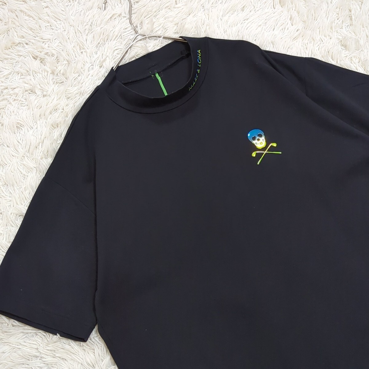 未使用級 48/L 近年 MARK&LONA マークアンドロナ 襟ロゴ モックネック シャツ ストレッチ スカル ドクロ 半袖 ゴルフウェア メンズ 春夏◎_3