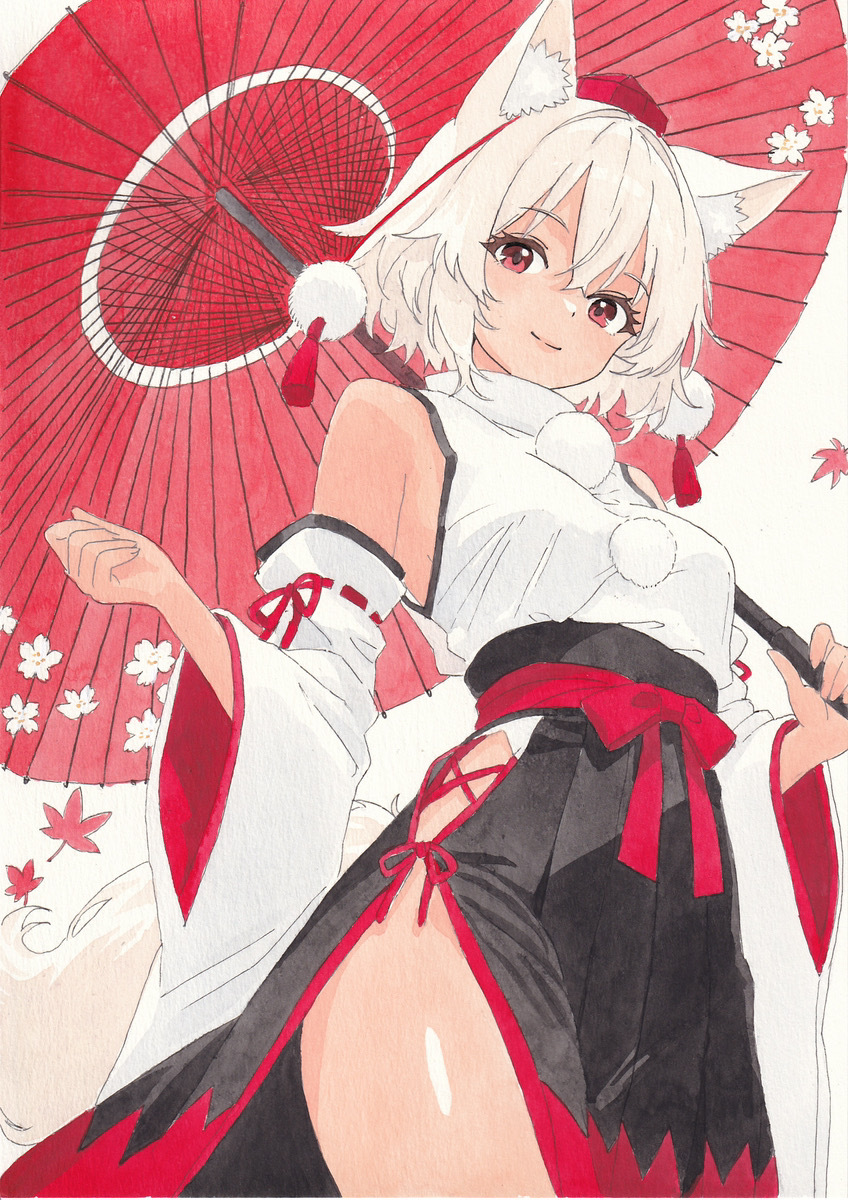 1点物】 手描き イラスト 「和傘の下の秘密」 東方 犬走椛 巫女 美少女