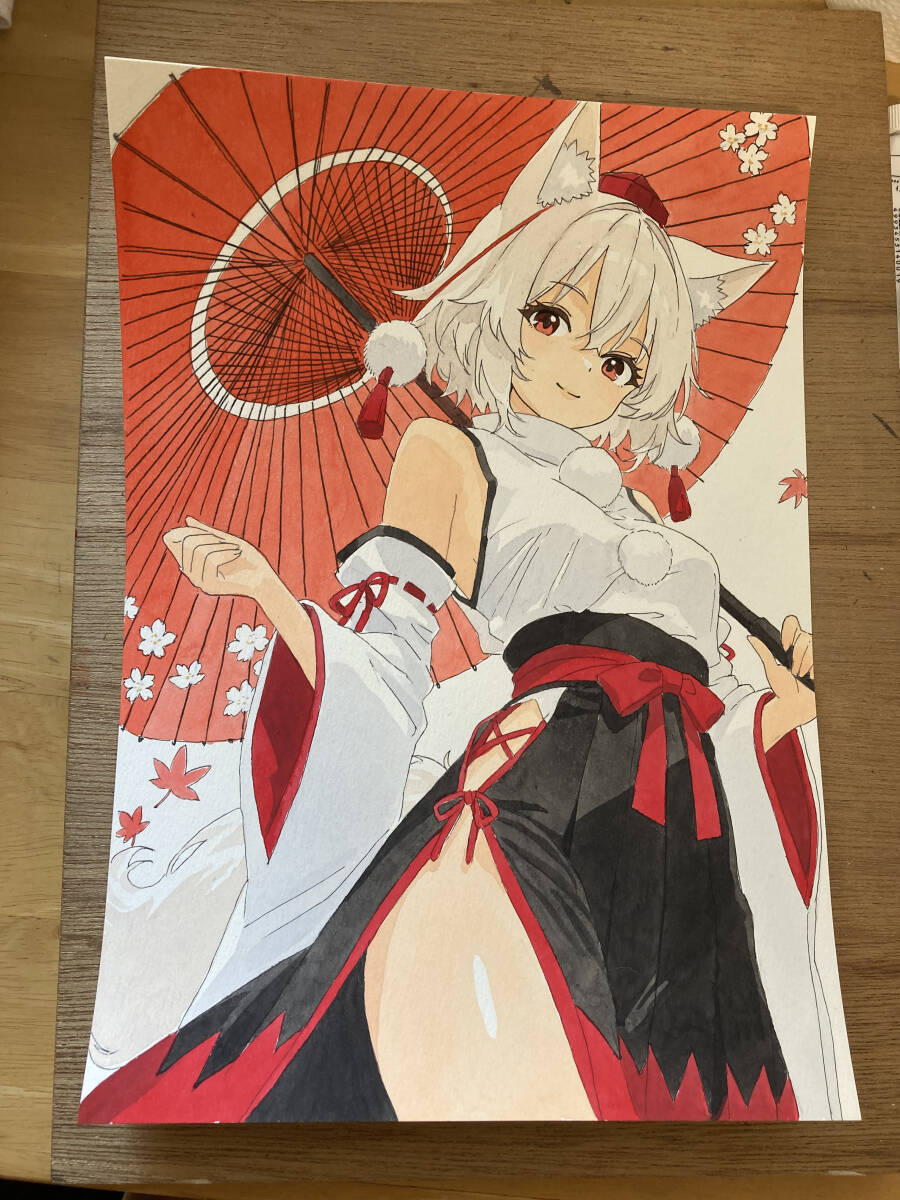 椛*様 手描きイラスト オリジナルキャンバスパネル 1点物】 手描き イラスト 「和傘の下の秘密」 東方 犬走椛 巫女 美少女