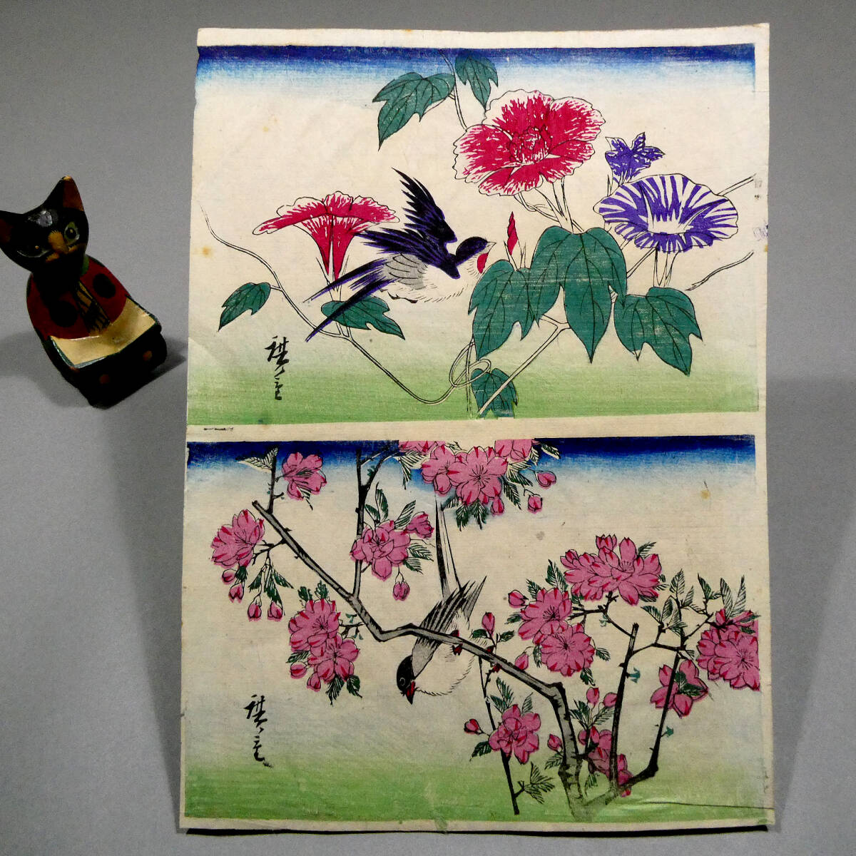 ◇初代 歌川広重◇江戸時代 木版浮世絵 二丁掛◇朝顔に燕 桜にコガラ