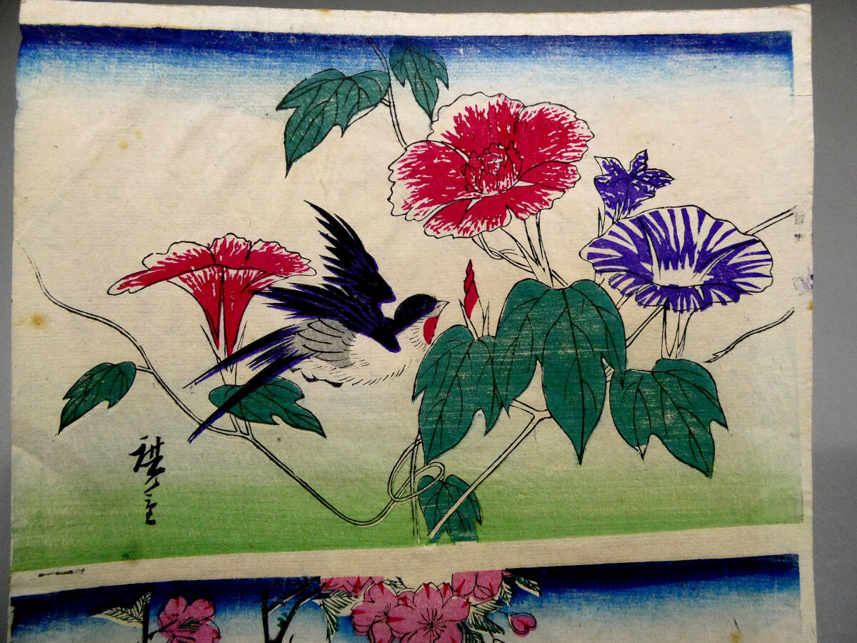 江戸時代　浮世絵　木版画　花鳥画 ◇初代 歌川広重◇江戸時代 木版浮世絵 二丁掛◇朝顔に燕 桜にコガラ