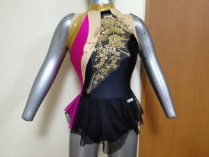ササキスポーツ 女子新体操 レオタード 黒/ベージュ/ピンク/金ラメ 装飾 サイズL2 希少サ