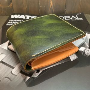 E13■高級 イタリアンレザー 財布■牛革 ヌメ革 メンズ 2つ折り■モスグリーン 緑■ギャ