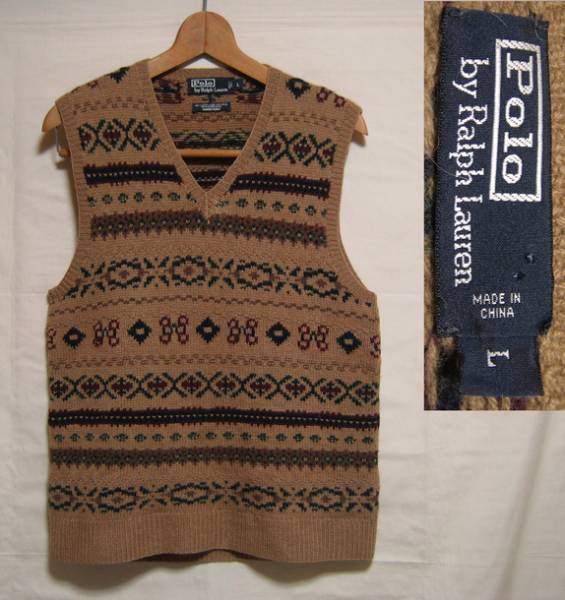 ポロラルフローレンフォークロア柄キャメル混ニットベスト美品
