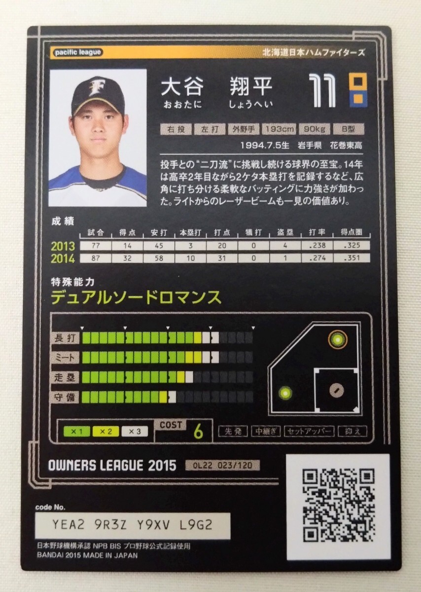 2015年 バンダイ オーナーズリーグ 大谷翔平 箔サインカード☆Bandai