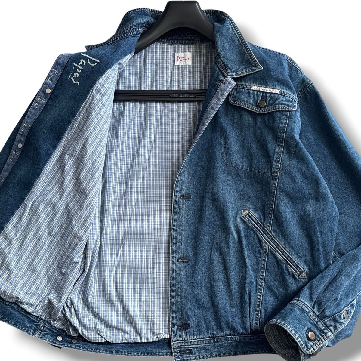 極美品□Papas パパス【L】デニムジャケット ジージャン 総裏 チェック