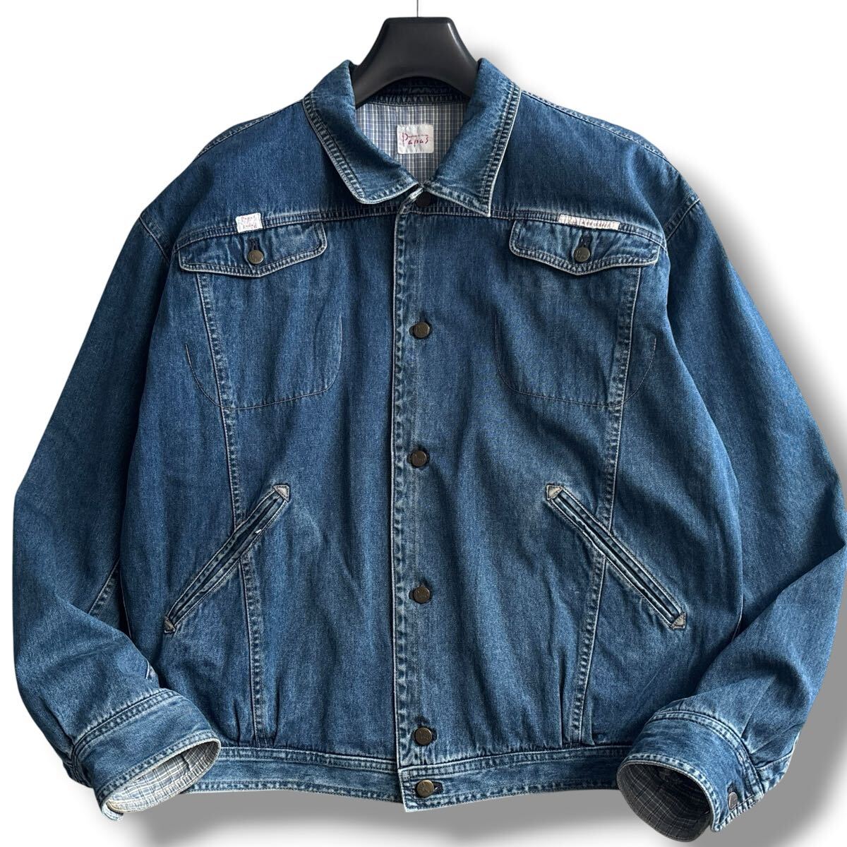 papas パパス　Lサイズ デニムジャケット 濃紺 極美品□Papas パパス【L】デニムジャケット ジージャン 総裏 チェック