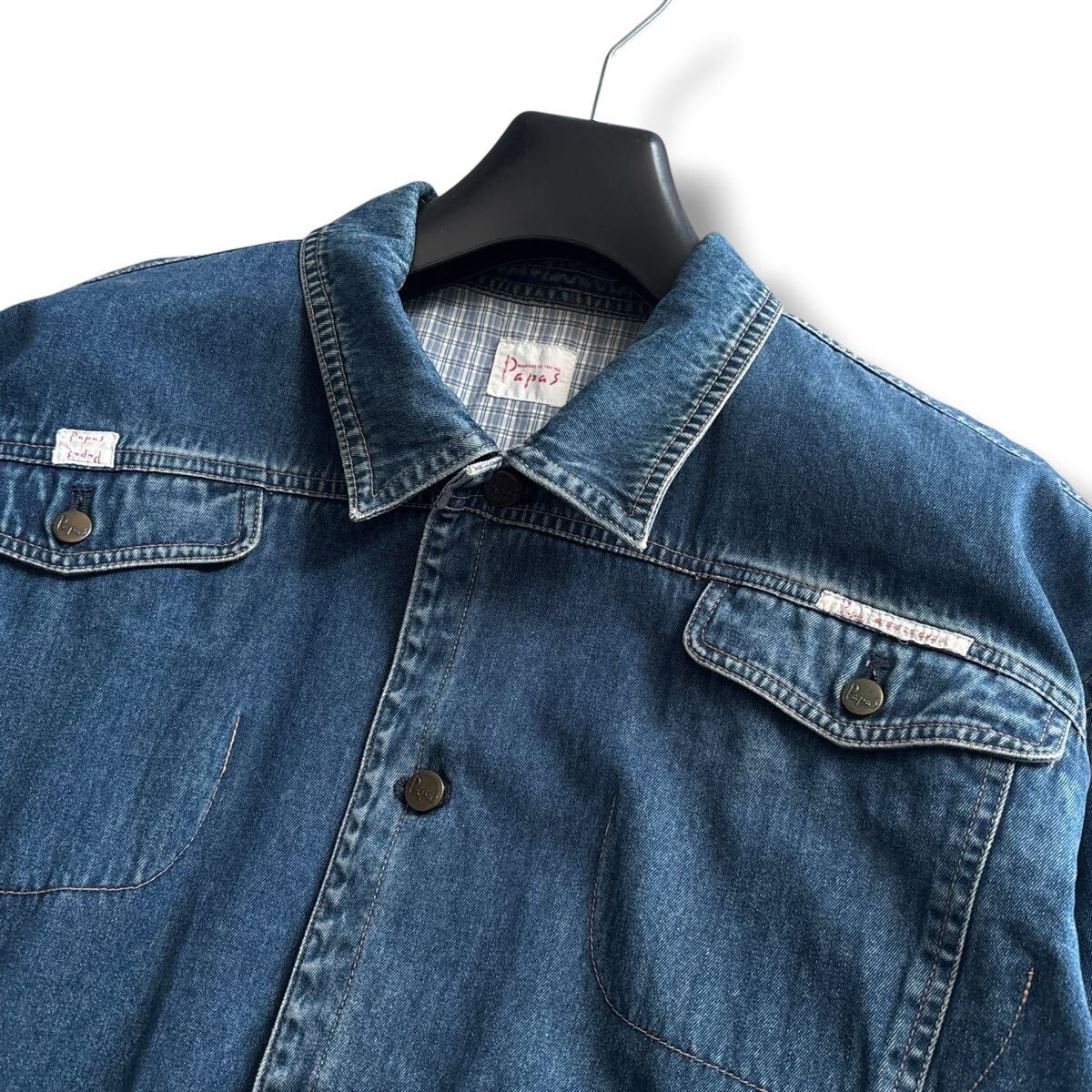 【新品タグ付】　Papas デニムジャケット パパス デニム L 定価7.4万円 極美品□Papas パパス【L】デニムジャケット ジージャン 総裏 チェック