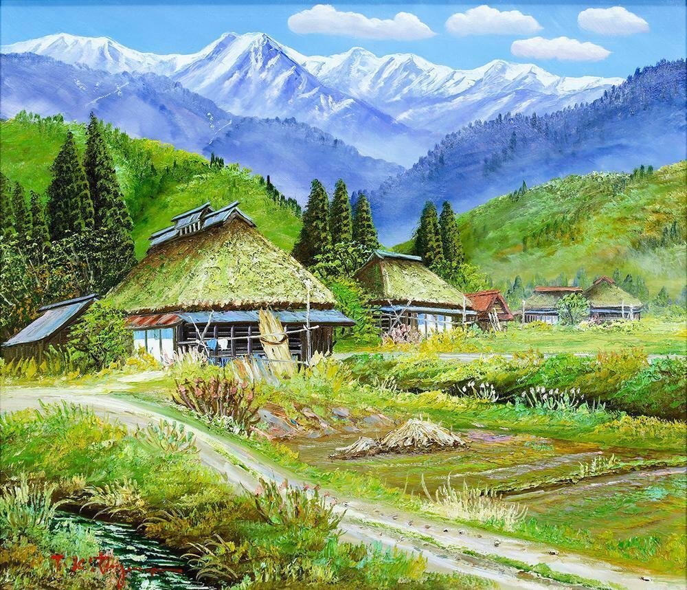 真作 WISH 北川照生 安曇野の山郷 油彩 10号 共シール 雪峰を望む