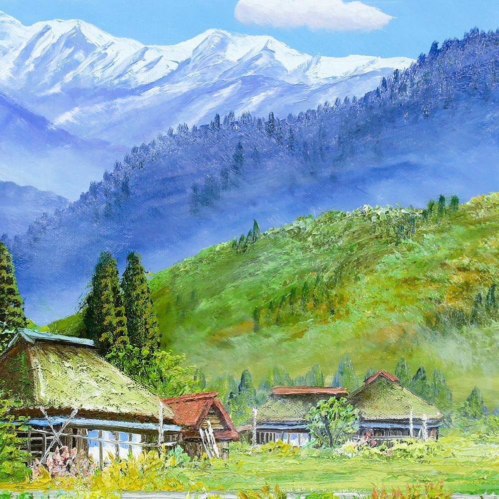 真作 WISH 北川照生 安曇野の山郷 油彩 10号 共シール 雪峰を望む