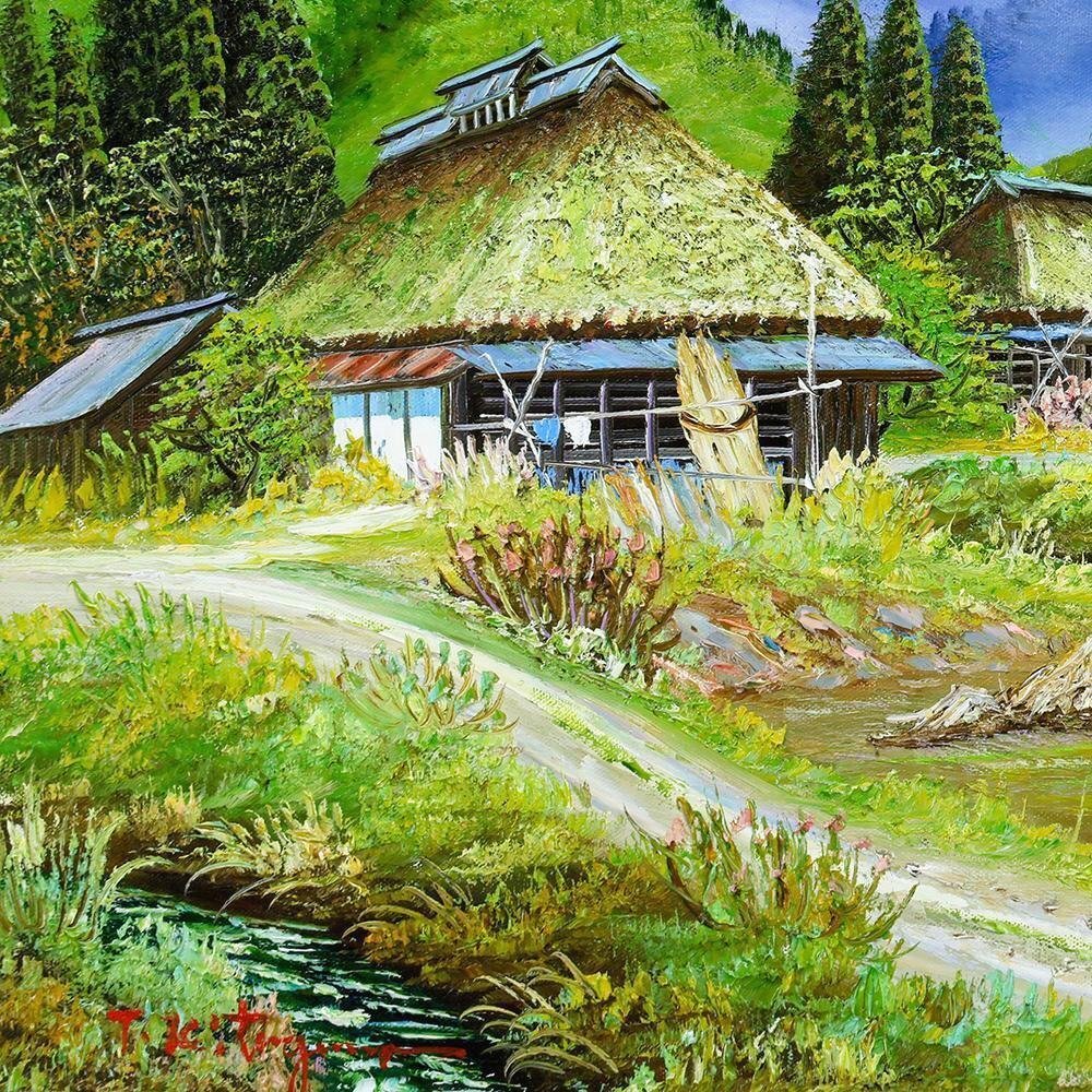 真作 WISH 北川照生 安曇野の山郷 油彩 10号 共シール 雪峰を望む