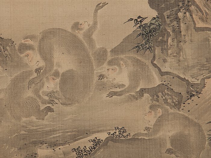 五】沖探容 『群猿図』 絹本 肉筆 掛軸 箱付 真作(花鳥、鳥獣)｜売買