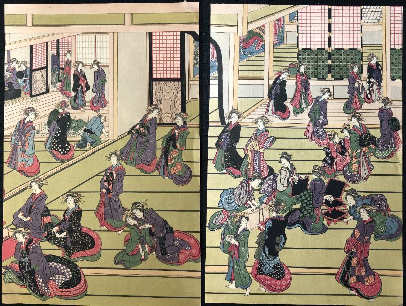8543葛飾北斎 全5枚続揃 特大 大判□吉原遊郭の新年□吉原楼中図□風俗