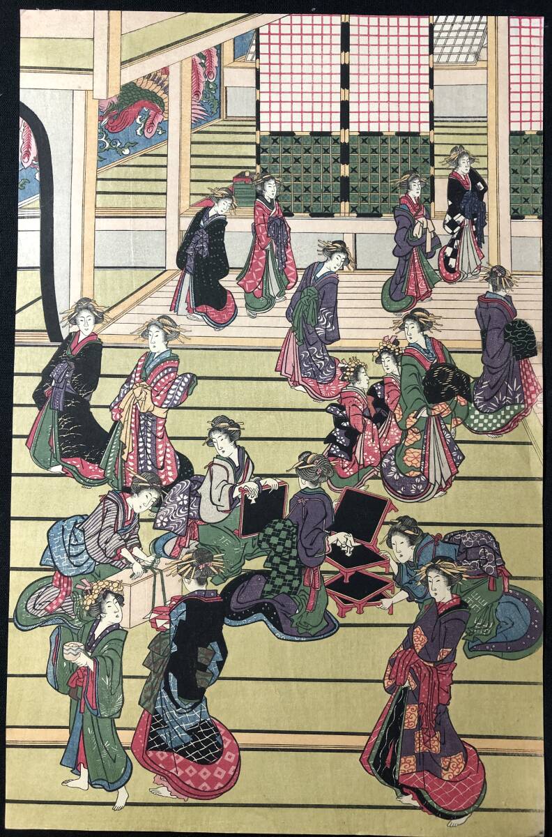 木版画‥葛飾北斎‥吉原扇屋の新年、五枚続 8543葛飾北斎 全5枚続揃 特大 大判□吉原遊郭の新年□吉原楼中図□風俗