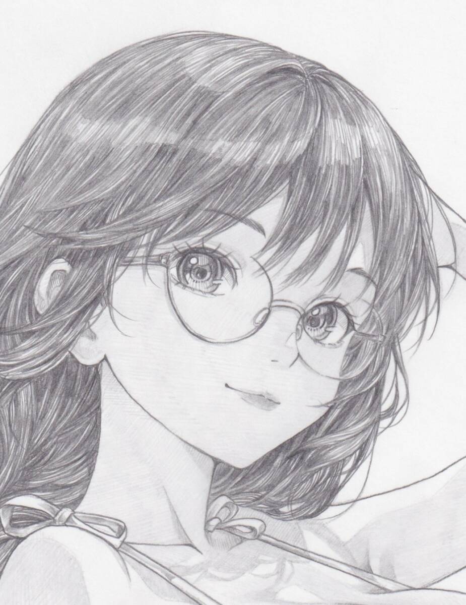 1点もの 原画 手描き オリジナル キャラ メガネ イラスト 三つ編み 白