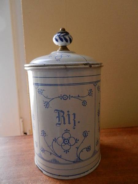 ベルギー アンティーク 琺瑯製 サクソニー柄キャニスター RIZ