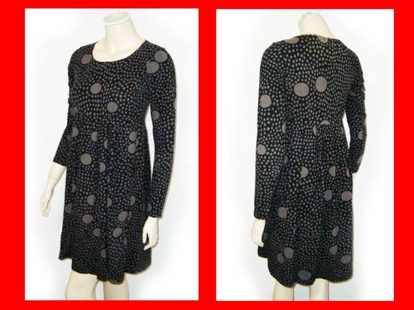 marimekko柔らかコットンの長袖ドット柄ストレッチワンピースS黒