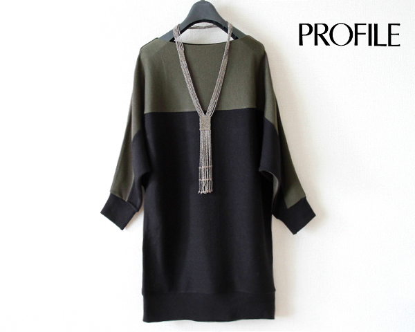 PROFILEプロフィール★ボートネック配色ドルマンニットワンピ黒K