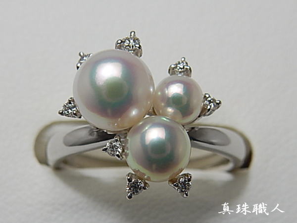 ■真珠職人■可憐!!あこや3珠付けK18WG Dia0.09ctRING