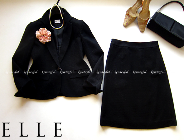 ELLEエル黒40上品テーラードツイードスーツ新品11号卒業入学式37