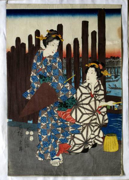 浮世絵木版画/本物/芳年国芳/広重の美人画*色目刷りきれい!!!