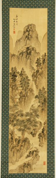 長町竹石 渓山幽柳図 三井飯山箱書 象牙軸先 寛政2年33歳作 讃岐