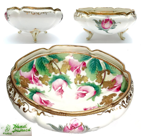 ■オールドノリタケ■赤いお花に金彩3足付き可愛いのボール