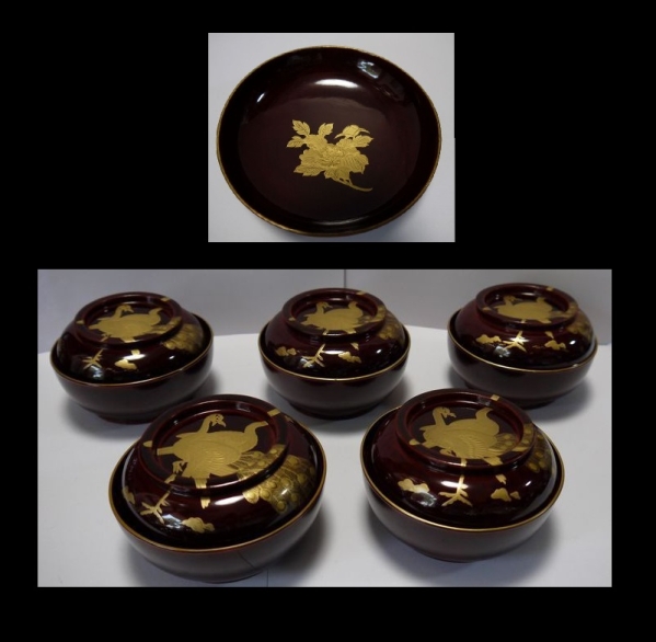 栗色・金蒔絵（鳳凰と牡丹の模様）菓子椀・５客・美品・明治・_1