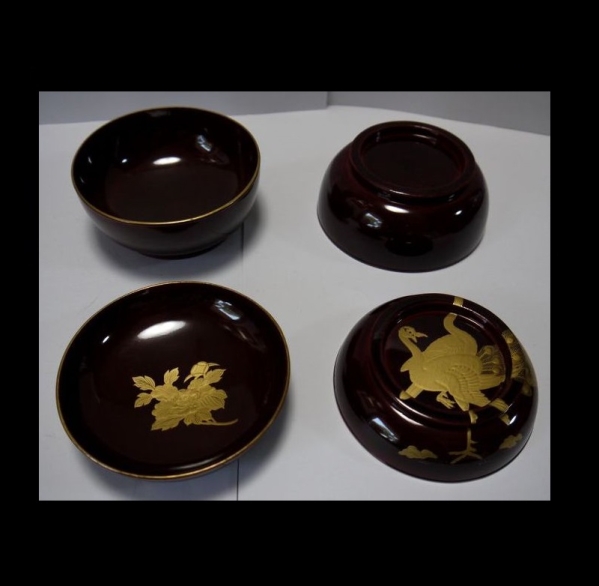 栗色・金蒔絵（鳳凰と牡丹の模様）菓子椀・５客・美品・明治・_2