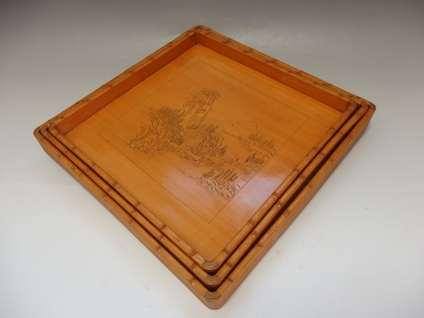 竹造　四方盆　線彫山水文　絵替り　三つ入子　煎茶盆：6　