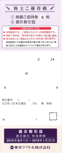 ★★★東京テアトル 株主優待綴1冊 映画招待券８枚★★★