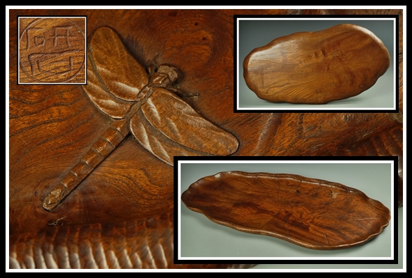 【蔵】時代物 木彫 蓮蜻蛉盆 煎茶盆 60.5cm 木製 在銘 古美術