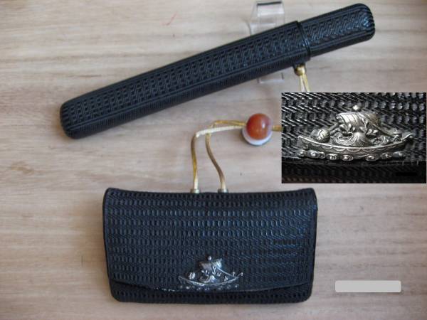 煙草入れ-革製【(宝船)網代編紋様　煙管入れ★煙草入★印籠】