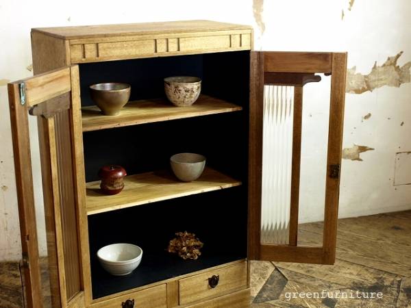 木製の古いガラスキャビネット 本棚 収納 食器棚 アンティーク