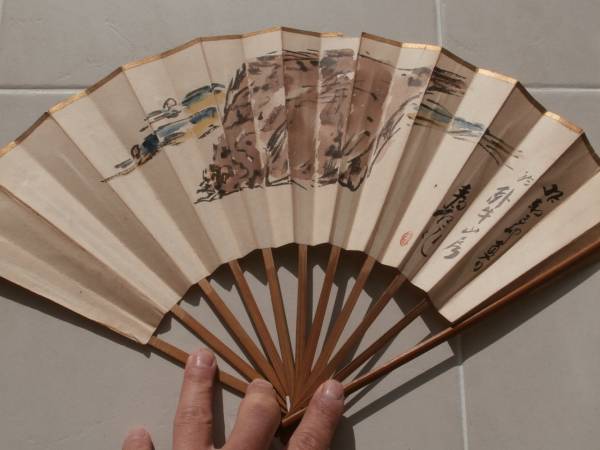 漆芸家　版画家　小野為郎　カレイ　肉筆扇子扇面　新潟村上　