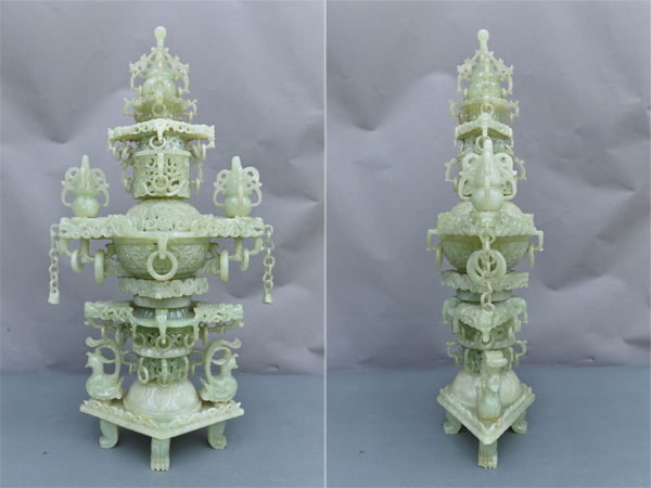 SU202特大 本玉石 香炉 彫刻置物 飾り物 オブジェ 中国 高67.5cm