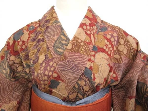 ★つばめ★ 辻が花風の茶色い小紋着物～正絹・美品