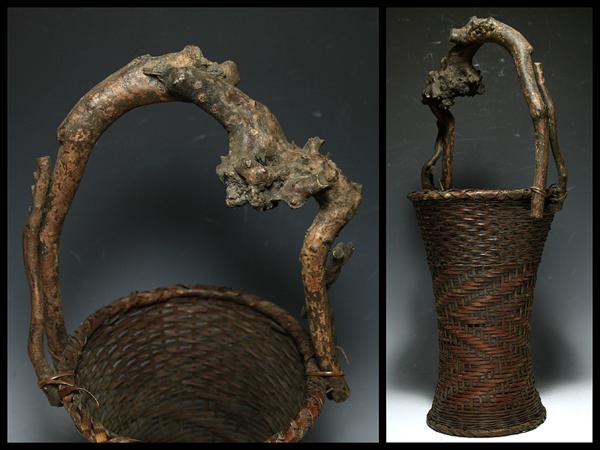 【侍】茶道具 天然木弦手 竹造 竹編 花篭 花籠 Ρ854