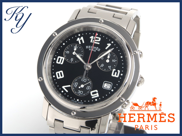 1円～ 美品 本物 HERMES エルメス クリッパー クロノ メンズ 黒