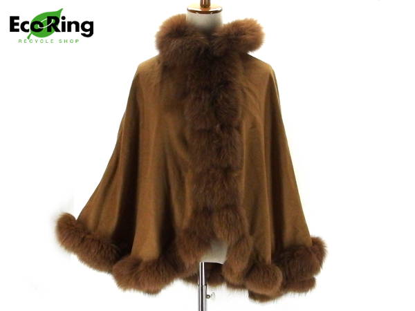 1円 SAGA FURS カシミヤ100％ 毛皮ポンチョ M～L キャメル CM433