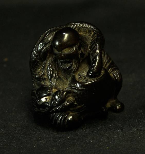 時代 木彫 龍と仙人根付