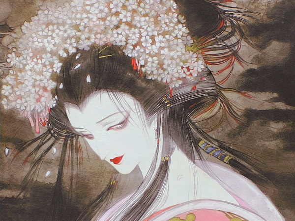 天野喜孝 超Cool！《桜姫》 掛軸 手彩入版画 美人画 春
